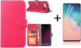 Ntech Hoesje Geschikt Voor Samsung Galaxy S10 Book Hoesje Roze + PET Folie screenprotector