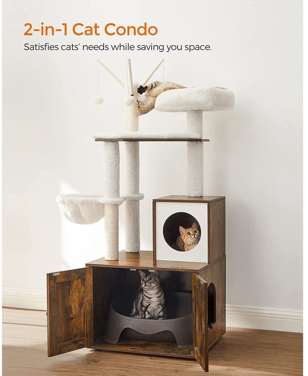 Multifunctioneel Kattenmeubel met Krabpaal, Kattenbakombouw en Voerstation – Alles-in-één Oplossing voor Kattenliefhebbers