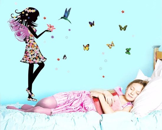 Muursticker meisje met vrolijke kleurrijke vlinders en vogeltje| babykamer| kinderkamer|wanddecoratie