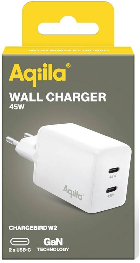 Chargeur USB Aqiila, 45 W, adaptateur USB-C, chargeur rapide GaN, Power PD , 2x USB-C, 100-240 V, Chargebird W2 Wit