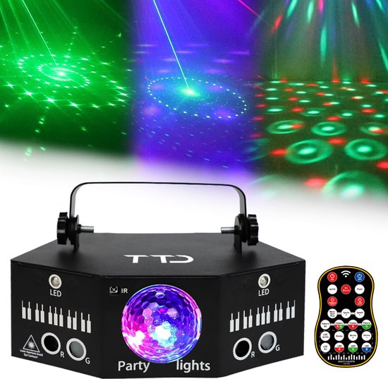 TTD® Professionele LED Discolamp – Discobal Kinderen met 7 Outputs, Geluidgestuurd & DMX-Compatibel – Lasers, LED's en Discobal voor Feesten en Evenementen - 4 LED kleuren - 180 Graden bereik - DMX ondersteuning - Discobol