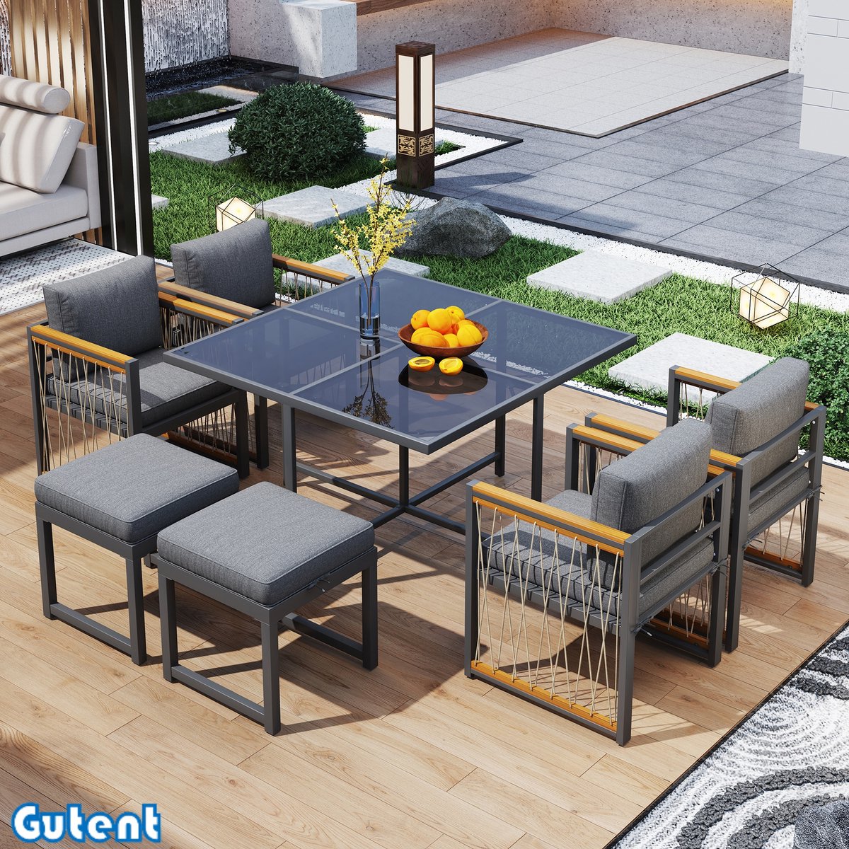 Gutent Eettafel en stoelen voor buiten - 6 zitplaatsen - 7-delige set - eettafel van gehard glas - armleuning van acaciahout - Zwart en Natuurlijk
