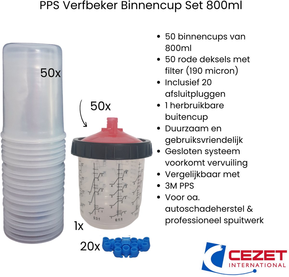 Verfbeker PPS Binnencup Set 800ml – 190 Micron – transparant – 50 Cups + Deksel + Plugs + Buitencup – Vergelijkbaar met 3M – Autoschadeherstel – Duurzaam - rood