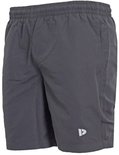 Donkergrijze sportbroek met elastische tailleband en een logo op de rechterpijp.