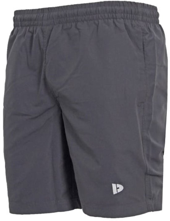 Donkergrijze sportbroek met elastische tailleband en een logo op de rechterpijp.