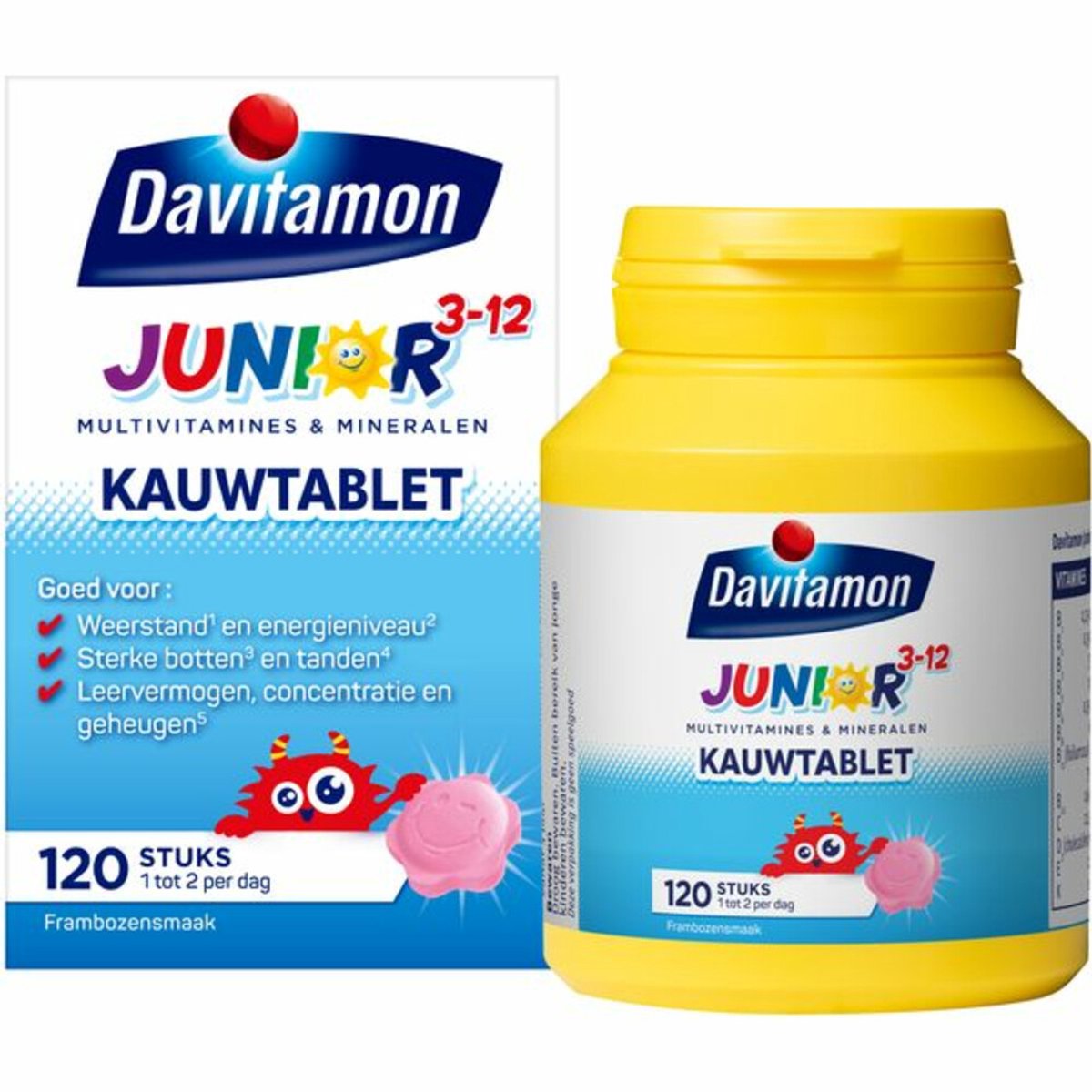 Goedkoopste 2x Davitamon Junior 3 Kauwvitamines Framboos 120 kauwtabletten