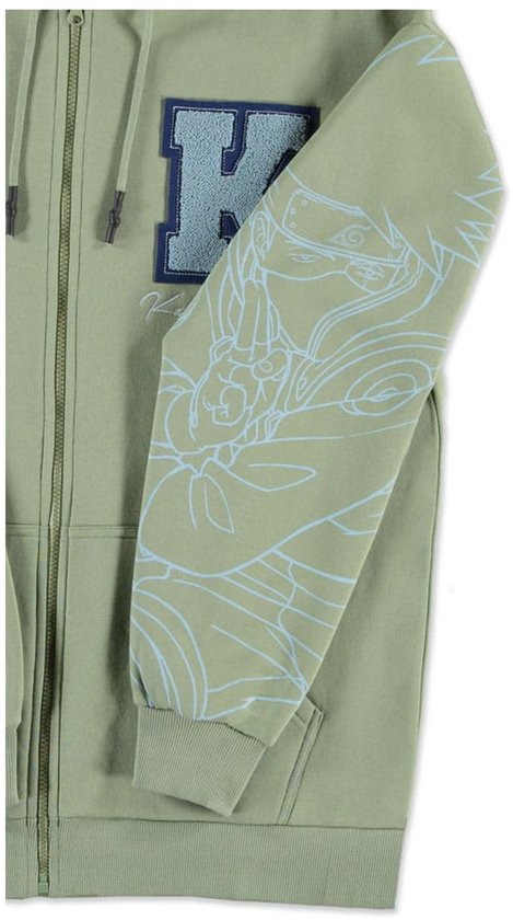 Lichtgroene hoodie met ritssluiting en cartoon print op de mouw.