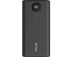 Rixus High Capacity Powerbank 40000mAh Zwart – USB-C & Micro-USB – Geschikt voor iPhone, Samsung, iPad, Android & Laptop – LCD Display – 4 Outputs – Power Delivery & Quick Charge – Ideaal voor Reizen, Kamperen en Noodgevallen