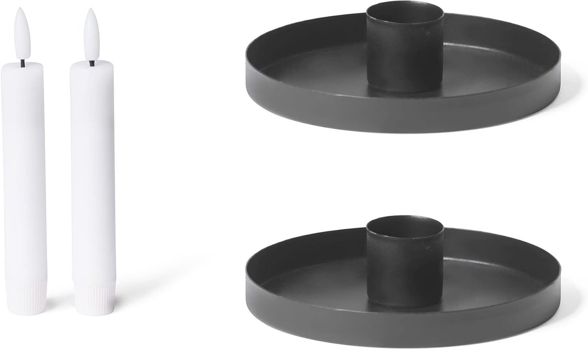 Novaliv set van 2 kaarsenhouders, diameter 6 cm, mat ZWART met LED-kaars, flikkerende vlam, kaarsenhouder, adventskrans, scandic chic, kaarsenbord, decoratieve schaal, tafelkaarsen, kerstdecoratie