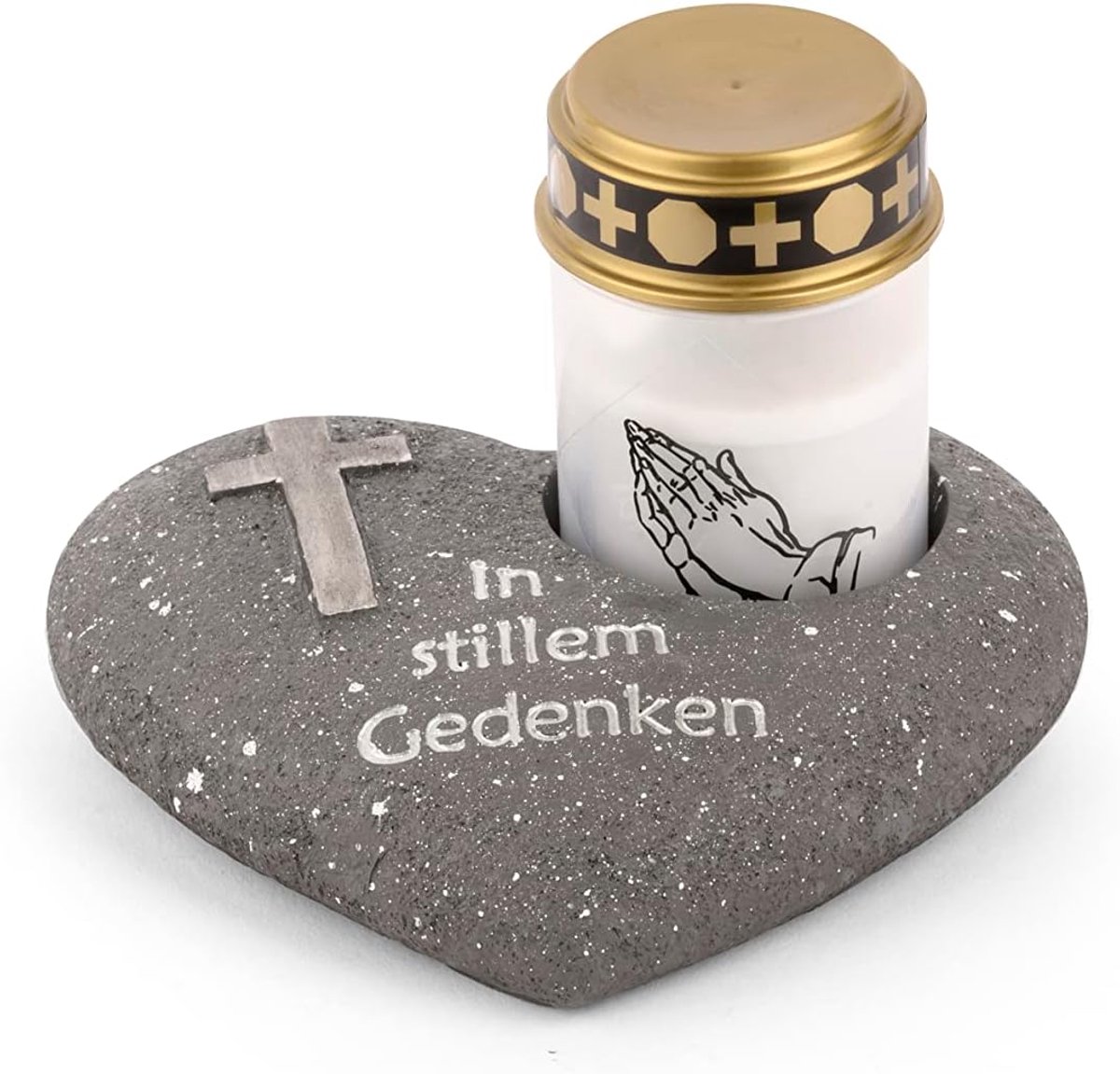 Grafversiering hart antraciet met kruis opschrift In stille herinnering incl. LED graflamp wit grafdecoratie grafhart weerbestendig grafdecoratie gedenksteen theelichthouder rouwsteen