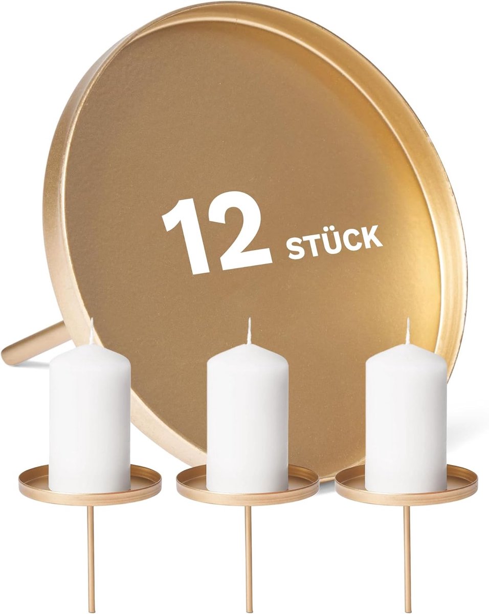 12x Kaarsenprikker Plat Goud 10cm Diameter I Kaarsenplaat met Spike Metaal I Advent Kaarsenhouder Kerstdecoratie Kaarsenspeld I Kaarsenplug voor Adventkrans