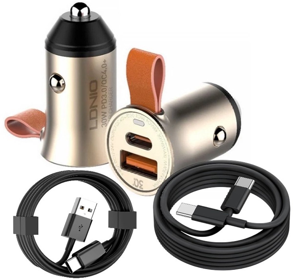 Auto Oplader - 1x USB C naar USB C - 1x USB A Kabel zwart (1.5M) & Auto Stekker - USB A & C Snel Lader 30W - PD20W/QC3.0 Autolader