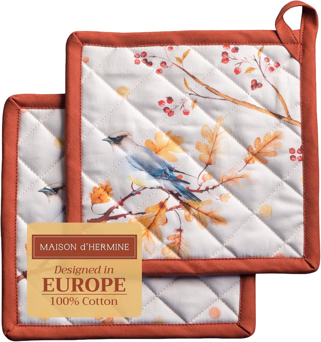Set van 2 Ovenwanten 'Eikenbladeren' - 100% Katoen - Hittebestendig voor BBQ, Koken en Bakken (20x20 cm)