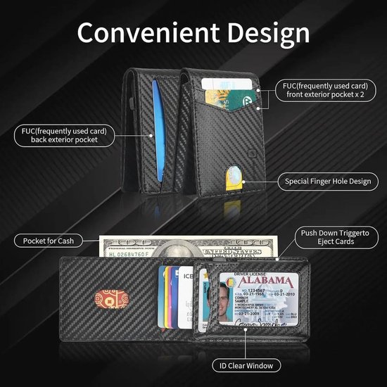 Portemonnee voor heren met RFID, slim wallet pop-up kaarthouder heren, blokkerende ID-venster, kaartetui, slanke wallet, geschenkdoos (carbon zwart