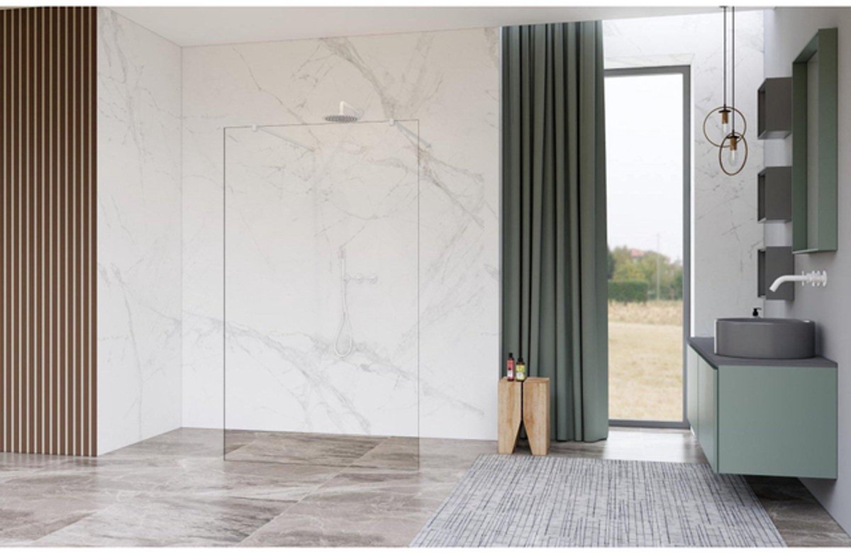 FugaFlow Eccelente Vetro Vrijstaande inloopdouche badkamer - 180x200cm - Helder - antikalk - 8mm veiligheidsglas - met wandarmen - Wit mat -