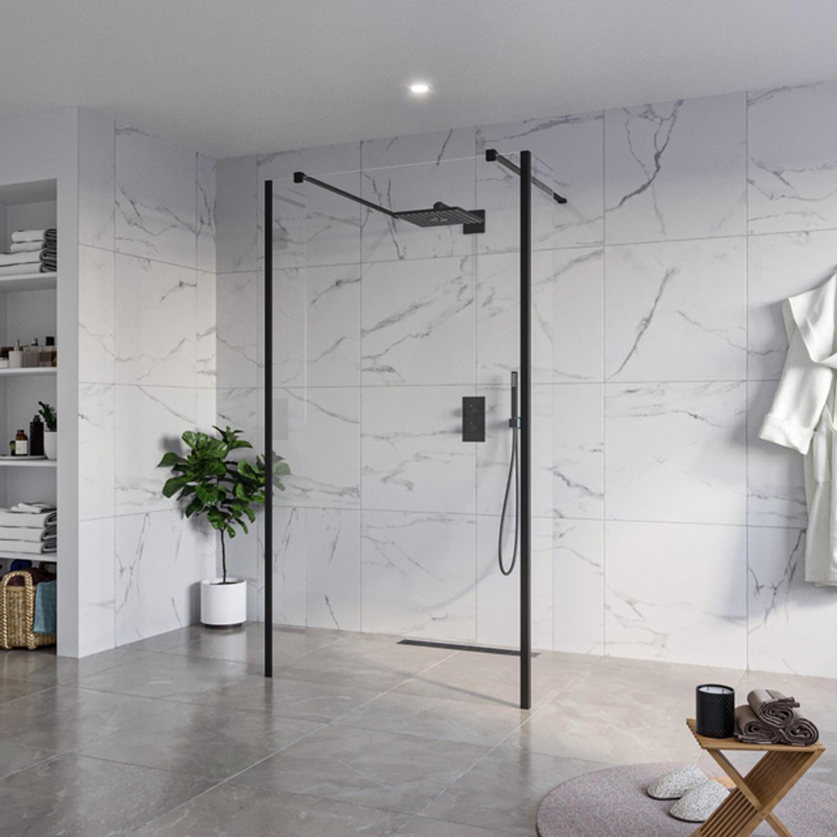FugaFlow Eccelente Vetro Vrijstaande inloopdouche badkamer - 110x200cm - Helder - antikalk - 8mm veiligheidsglas - 2 zijwanden 30cm - met wandarmen en hoekprofielen - Zwart mat -