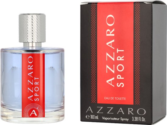 AZZARO SPORT Eau de Toilette fles en doosje, zwart met een rode band.