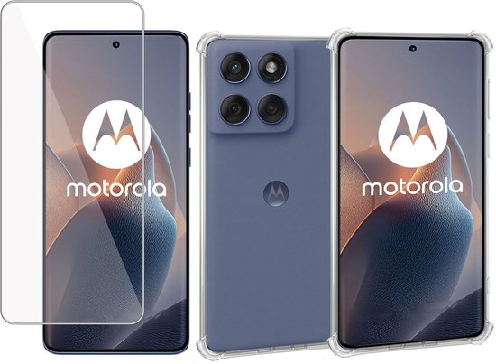 Téléphone Motorola avec dos bleu, coque transparente et protecteur d'écran.