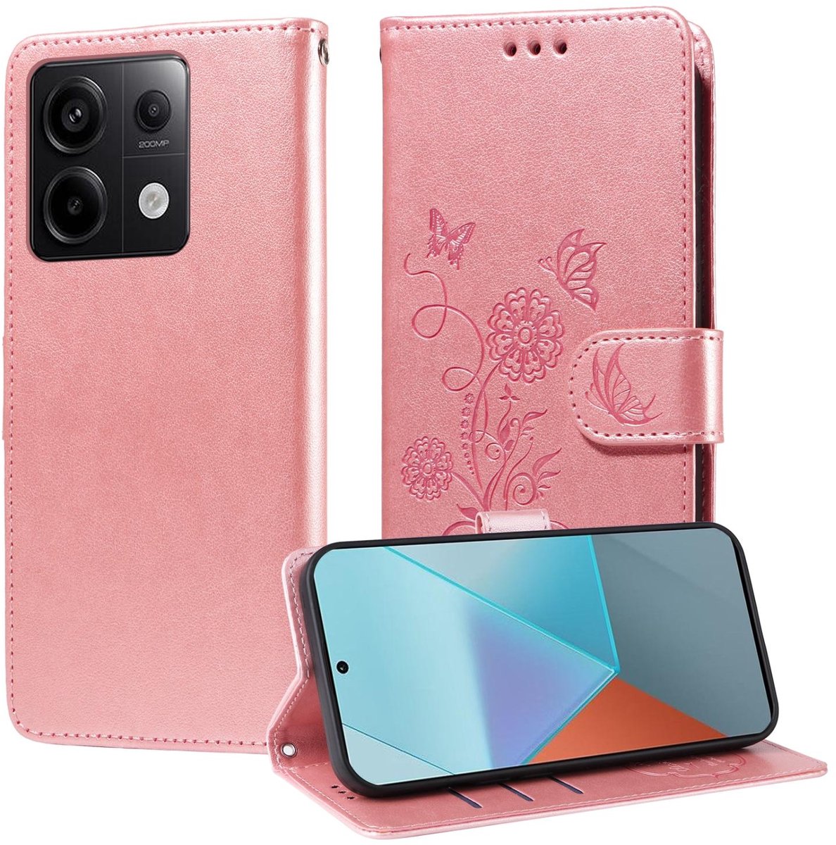 Mobigear Telefoonhoesje geschikt voor POCO X6 Hoesje | Mobigear Flowers Bookcase Portemonnee | Pasjeshouder voor 3 Pasjes | Telefoonhoesje voor Pinpas / OV Kaart / Rijbewijs - Roségoud