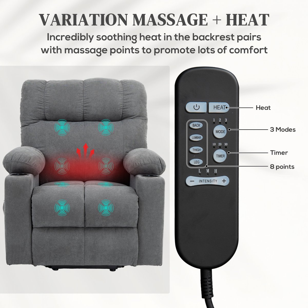 Afbeelding 2 van HOMCOM Fauteuil met Sta-op-functie en Massage Grijs