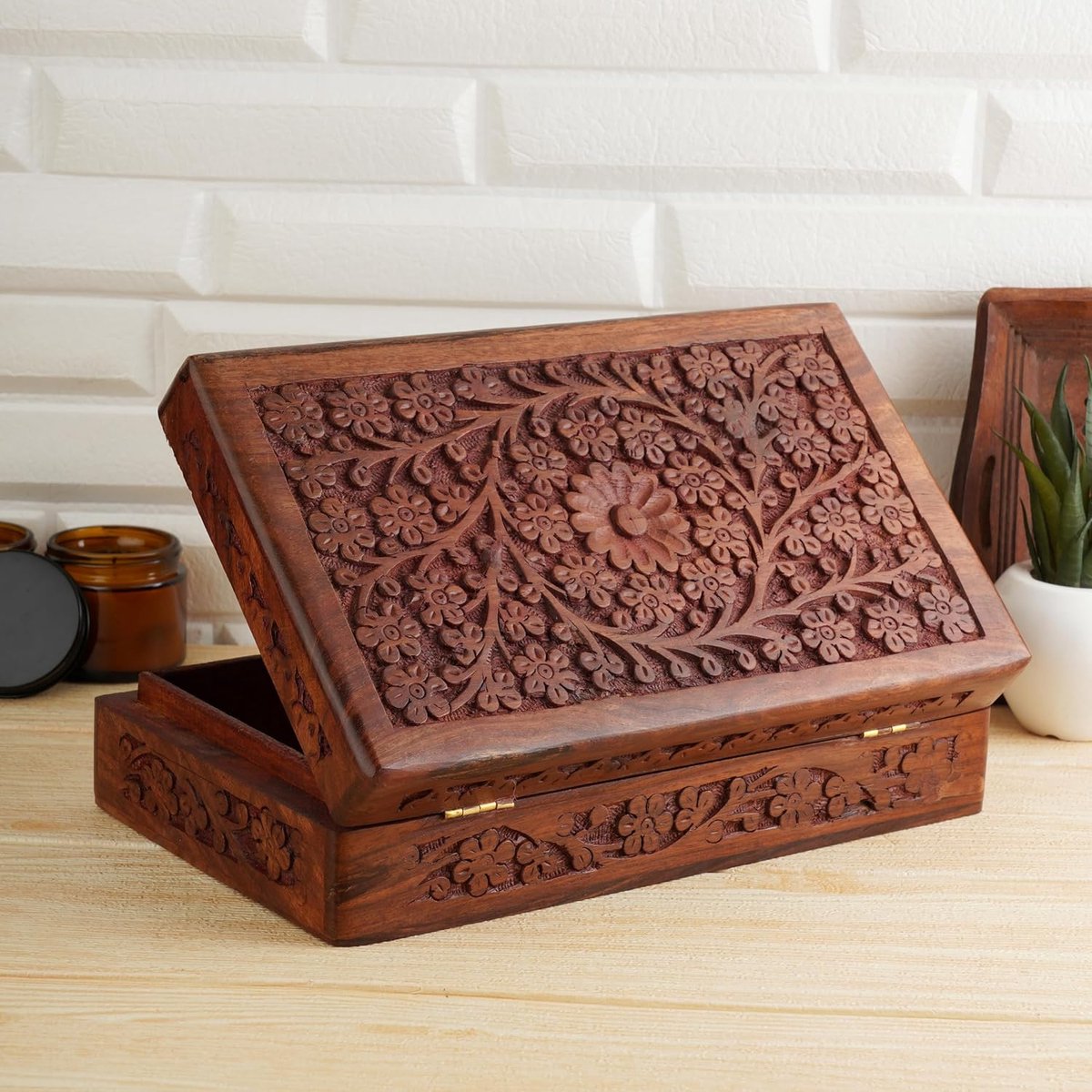 Houten Decoratieve Sieraden Opbergdoos met Bloemontwerp 10x6 Inch – Multifunctionele Organiser voor Kettingen en Horloges