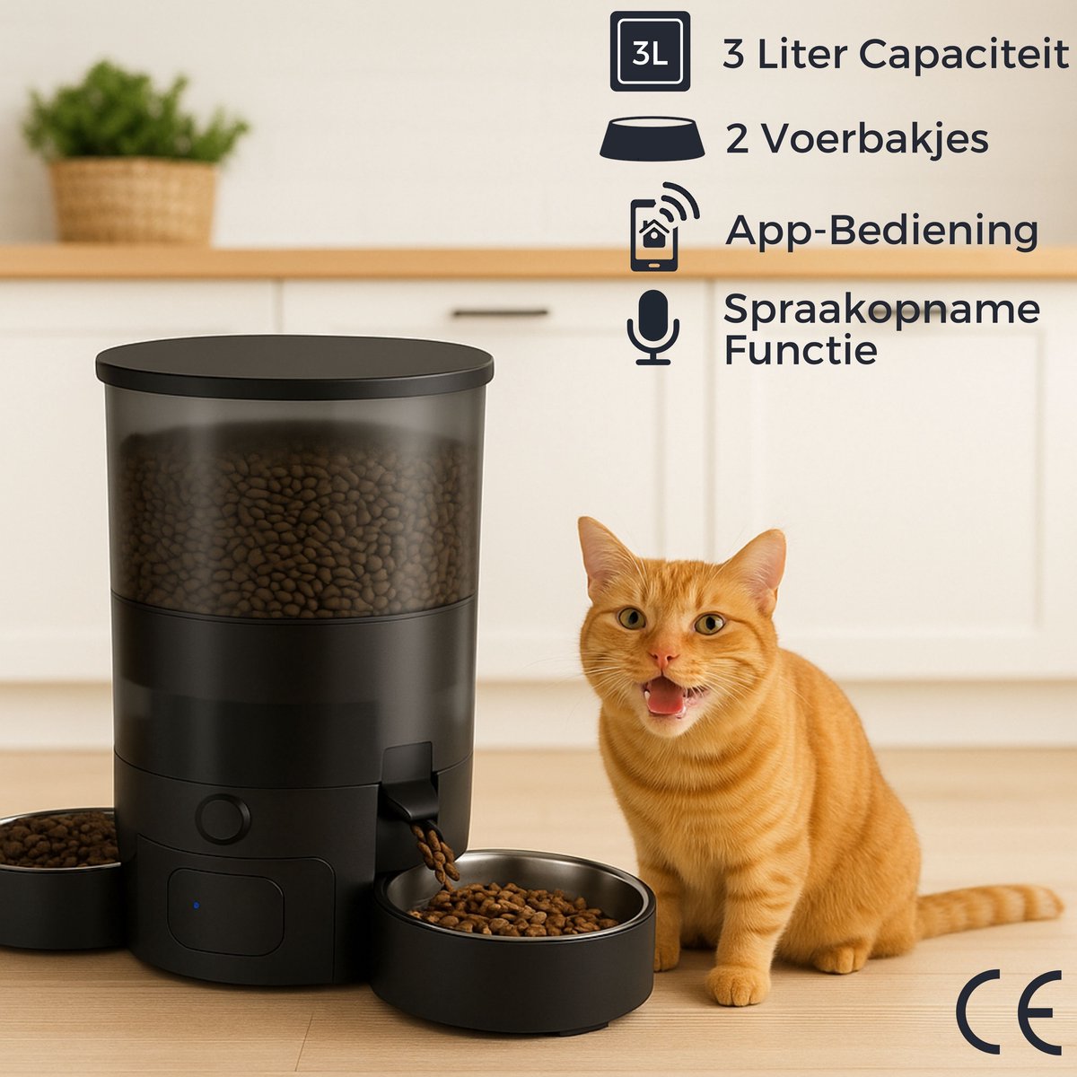 Afbeelding 2 van AnimalAesthetics Automatische Voerbak voor Kat & Hond – 3L, App-bediening, Twee Bakken van Roestvrijstaal, Stemopname, Noodbatterij - Voerautomaat Kat