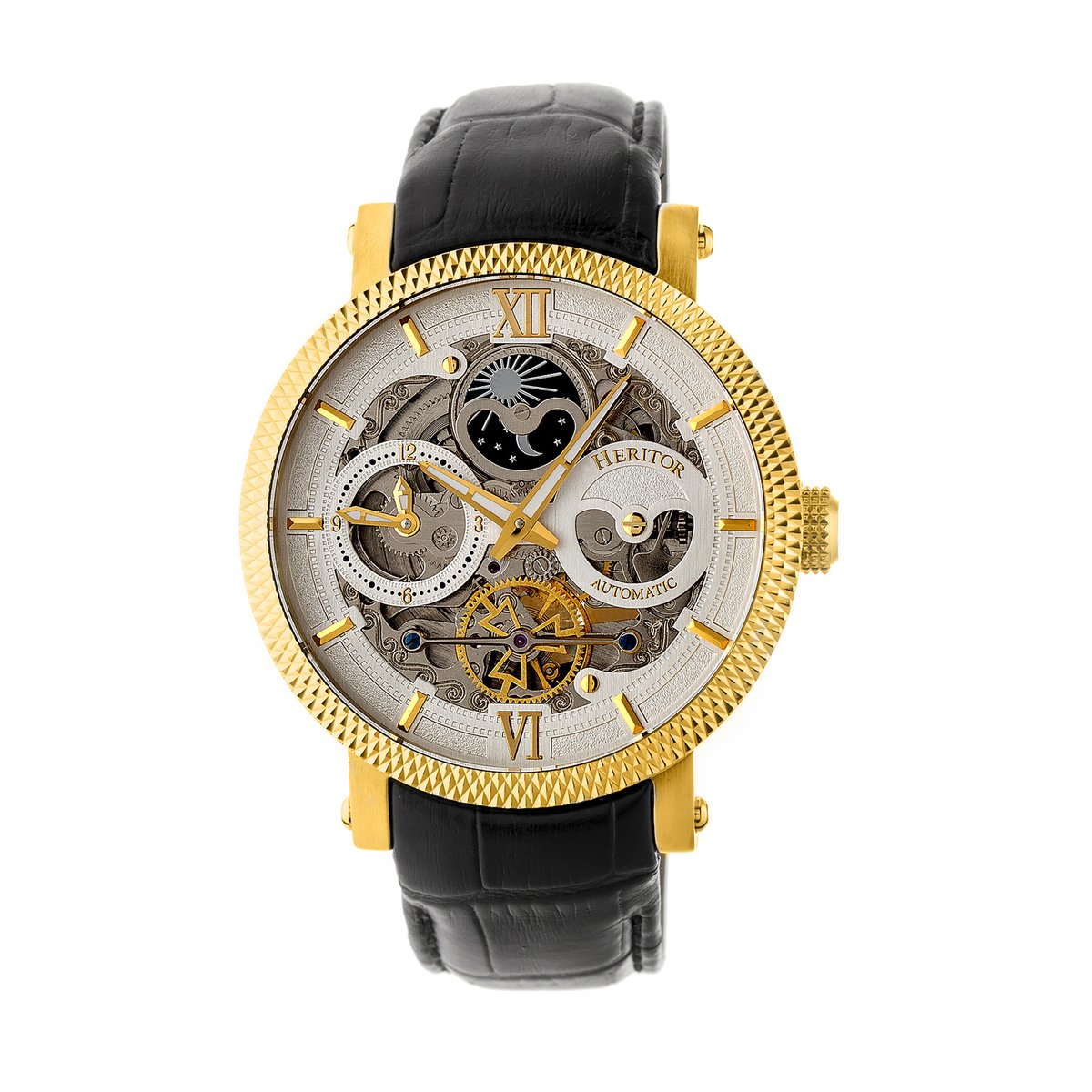 Heritor Automatic Aries Skeleton leren band horloge - Zwart-Goud