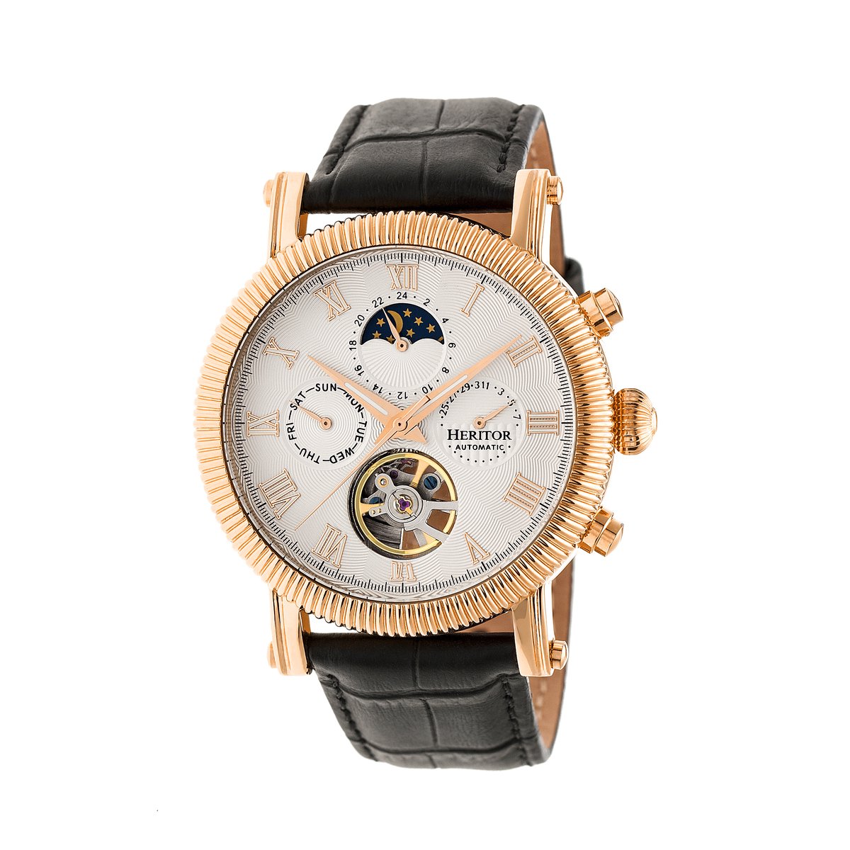 Heritor Automatic Winston Semi-Skelet Horloge met Leren Band - Roségoud-Wit