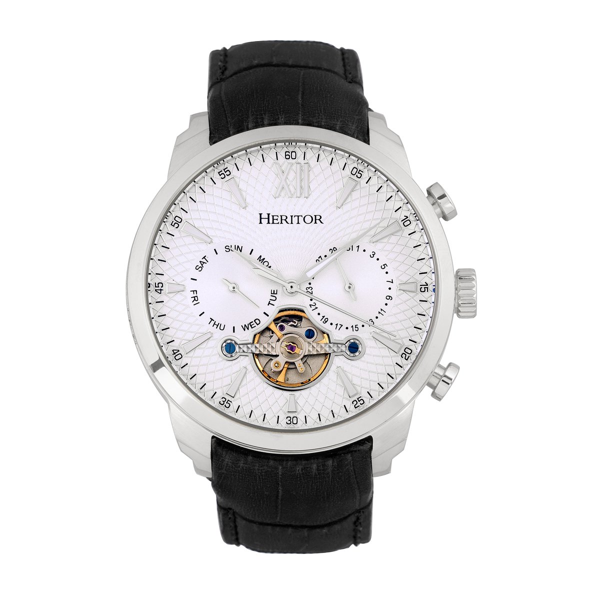 Heritor Automatic Arthur Semi-Skeleton leren band horloge met dag-datum - zilver