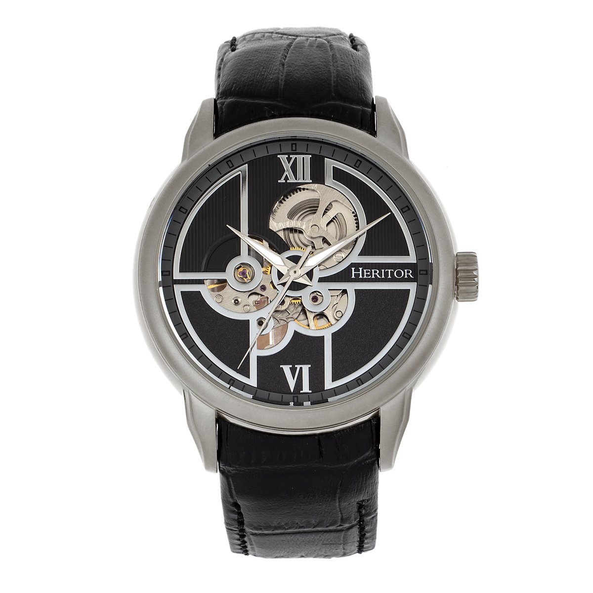 Heritor Automatic Sanford Semi-Skeleton Horloge met Leren Band - Zilver-Zwart