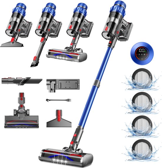 Elekiatech Steelstofzuiger Draadloos - 65000Pa Steelstofzuiger - 3 Standen Zuigkracht - LED-Display - 20-70 Min Werktijd - 1,8L - Met Meubelborstel - Voor Tapijt, Harde Vloeren en Dierenharen - 550W - Blauw
