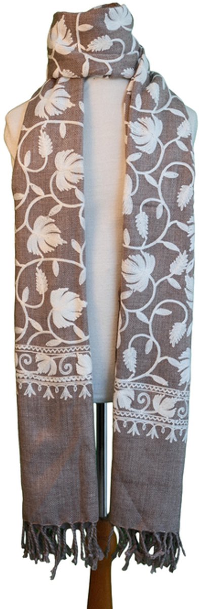 N3 Collecties Geborduurde Bloem Pattern kasjmieren sjaal/stola - Licht Bruin