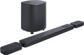 Zwarte JBL soundbar met afneembare zij-speakers en een zwarte subwoofer.