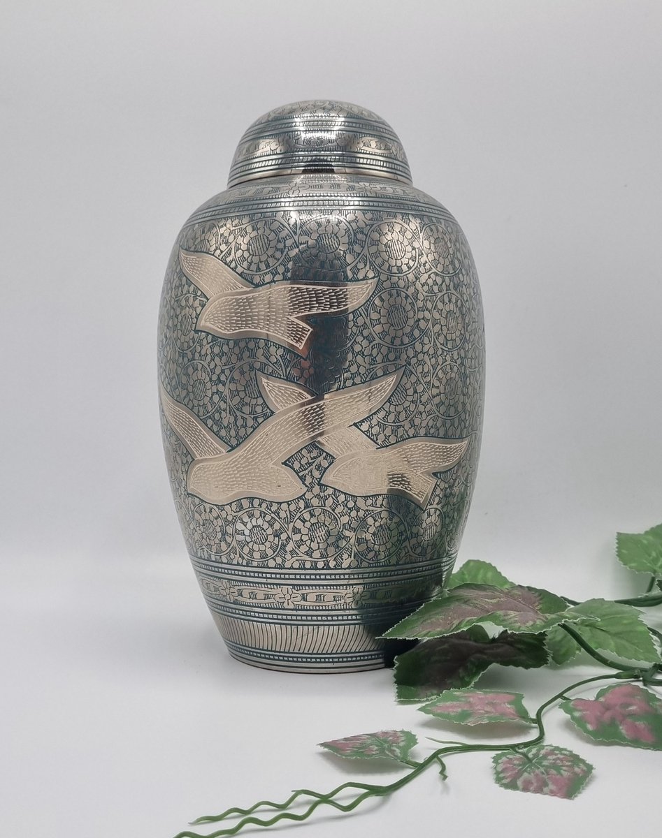 Urn - Messing - Zilver - Blauwe Vogels - 3.2 liter - Urn voor as
