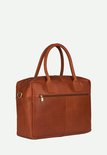 Bruine leren laptoptas met gouden ritsen, draaghengsels en een afneembare schouderband.