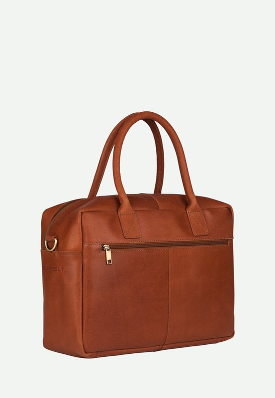 Bruine leren laptoptas met gouden ritsen, draaghengsels en een afneembare schouderband.
