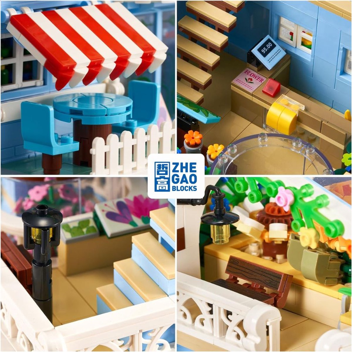 Zhe Gao DZ6120 Classic Bloemen winkel bouwset incl. 4 minifigures | City Achitecture Adventure Modelbouw | Educatief Creator speelgoed bouwpakketten voor kinderen & volwassenen | Niet compatibel met lego friends | Bouwdoos met 2091 bouwstenen — afbeelding 3