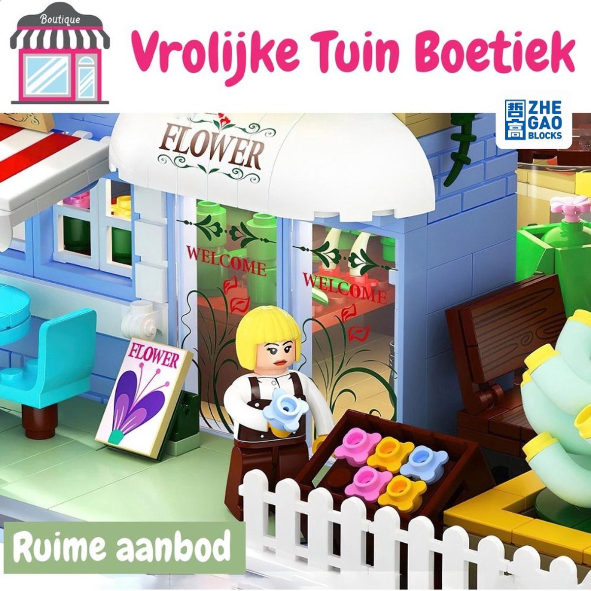 Zhe Gao DZ6120 Classic Bloemen winkel bouwset incl. 4 minifigures | City Achitecture Adventure Modelbouw | Educatief Creator speelgoed bouwpakketten voor kinderen & volwassenen | Niet compatibel met lego friends | Bouwdoos met 2091 bouwstenen — afbeelding 16