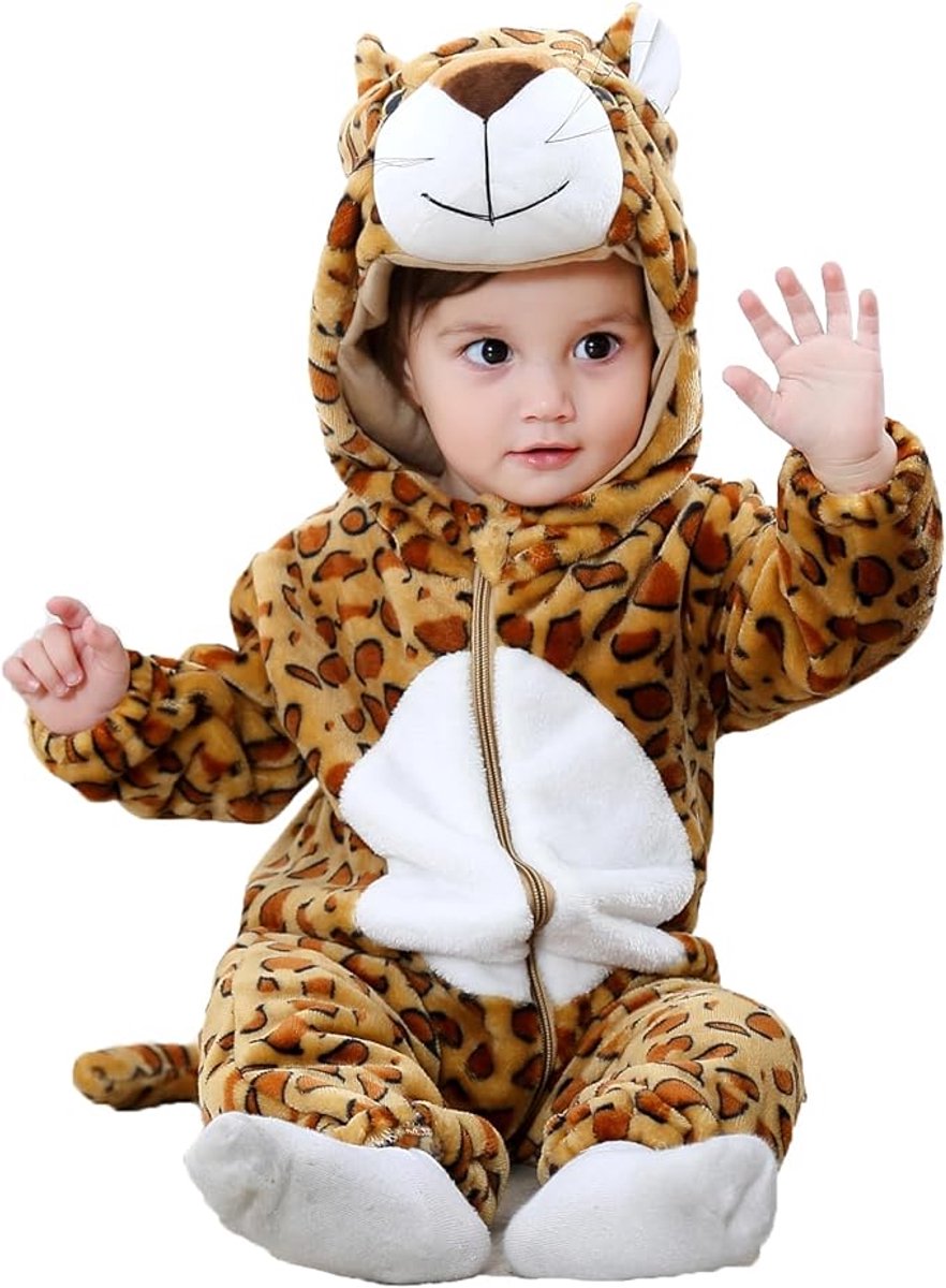 Panter Romper Unisex - Jumpsuit - Pyjama - Capuchon - Kostuum - Kinderen - Dierenpak - Kruippak - Bruin - Maat 100 - 16/26 maand