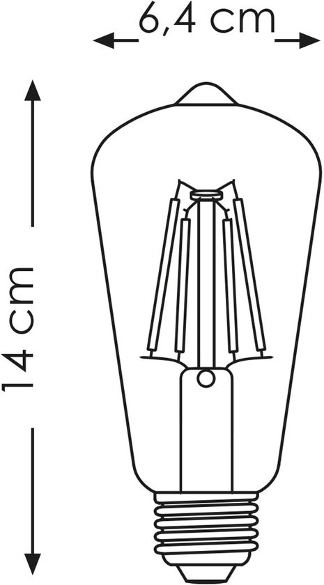 Dessin technique d'une ampoule E27 en verre fumé gris, avec dimensions de 14cm et 6,4cm.