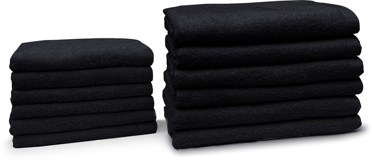 Eleganzzz Handdoeken Set - Set van 12 - 6x Handdoek 50x100cm - 6x Badhanddoek 70x140cm - Badlakens - Handdoeken - 420 gr/m2 - 100% Katoen - black