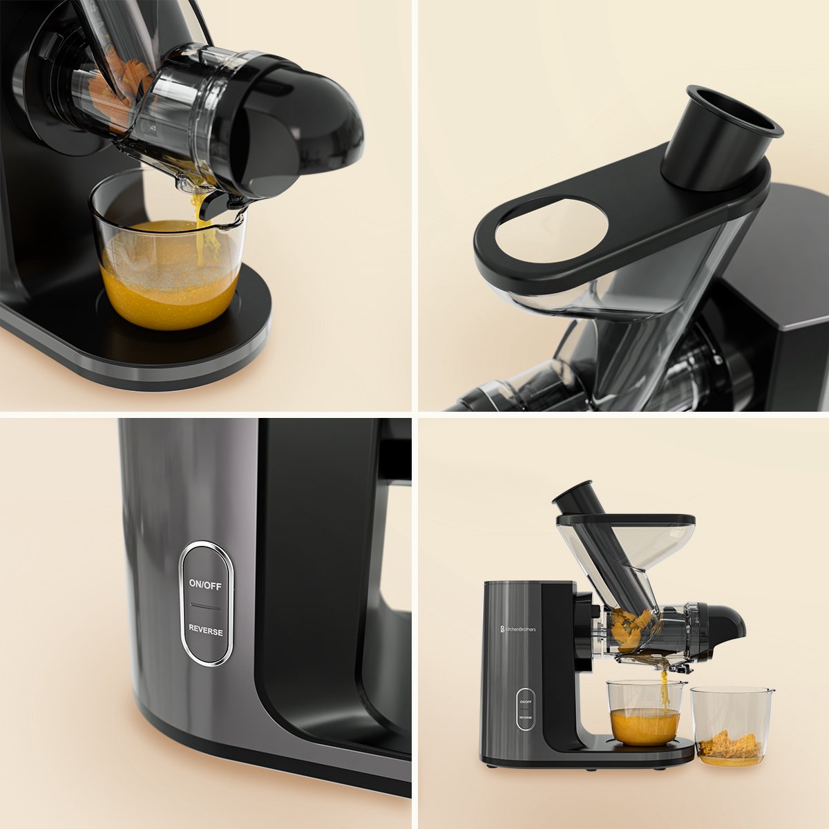 KitchenBrothers Slowjuicer - Sapcentrifuge - Juicer - Groenten en Fruitpers - 43 mm en 60 mm invoer - 400 ml - Grijs thumbnail 7