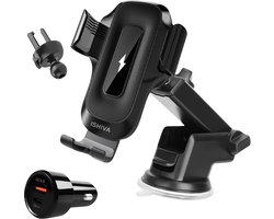 ISHIVA® Telefoonhouders Auto met Qi Draadloze Oplader - Gsm Houder Auto - Telefoonhouder Auto Ventilatie - Telefoonhouder Auto Zuignap - met Qi Draadloze Oplader - voor Raam, Dashboard en Ventilatie Luchtrooster - 2 jaar Garantie
