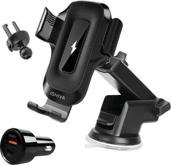 ISHIVA® Telefoonhouders Auto met Qi Draadloze Oplader - Gsm Houder Auto - Telefoonhouder Auto Ventilatie - Telefoonhouder Auto Zuignap - met Qi Draadloze Oplader - voor Raam, Dashboard en Ventilatie Luchtrooster