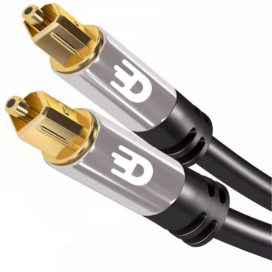 Twee gouden Toslink (m) Toslink (m) optische audiokabels met zilverkleurige connectoren.