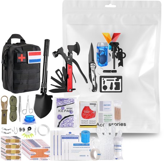 Zwarte tactische tas met MOLLE systeem, met een rood kruis en Nederlandse vlag patch. Bevat reddingsmes, multifunctionele tang, schop, EHBO-artikelen zoals verband, gaas, alcoholpads en nooddeken. Alles in een doorzichtige verpakking.