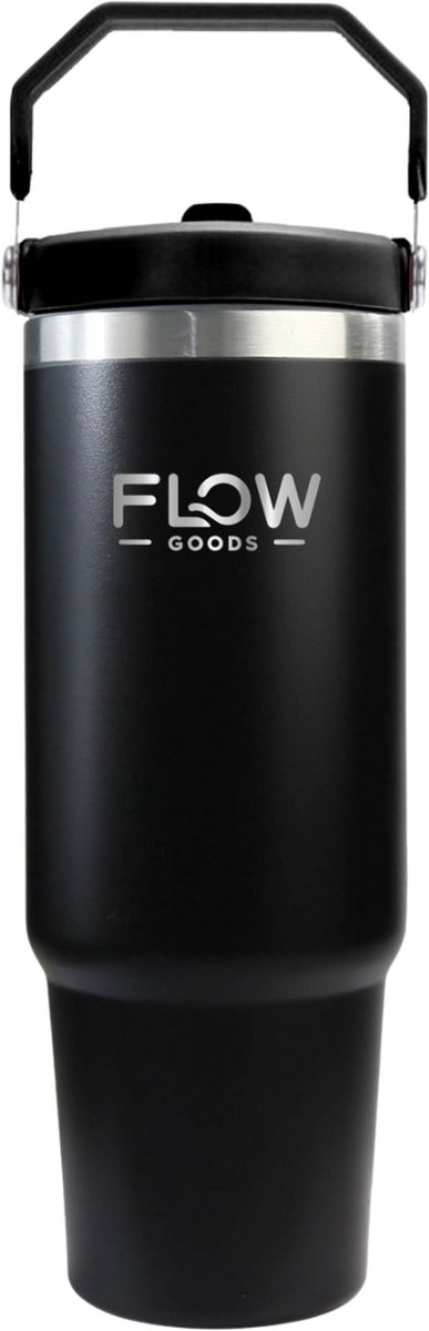 Flow Goods Flip Straw LightFlow Tumbler – Zwart – Thermosbeker met Hendel – 100% Lekvrij - Drinkfles met Rietje – 0.89 Liter – Thermosbeker – Travel Mug
