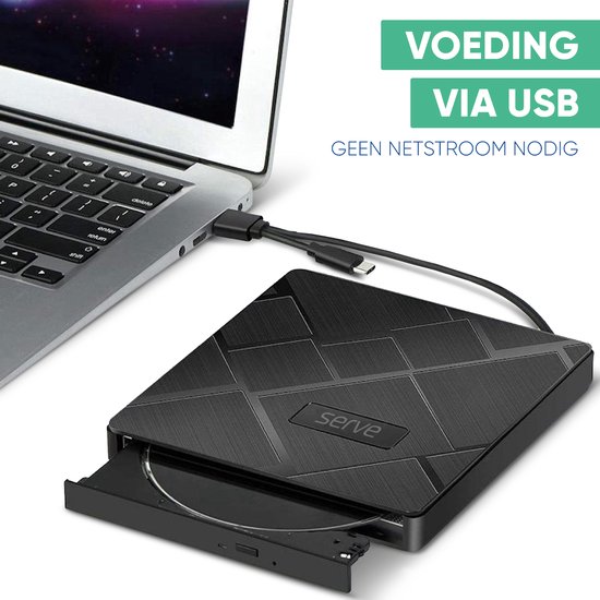 Zwarte Serve CD/DVD-speler met gestreept patroon, aangesloten op een laptop via USB. Bevat tekst 'VOEDING VIA USB'.