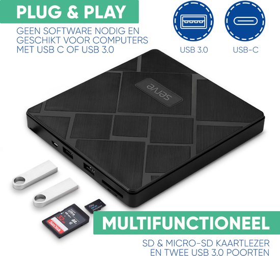 Serve 4-in-1 Externe CD / DVD Speler & Brander voor PC, Laptop & Mac iOS - Plug & Play - SD & Micro SD Kaartsleuf + USB Hub