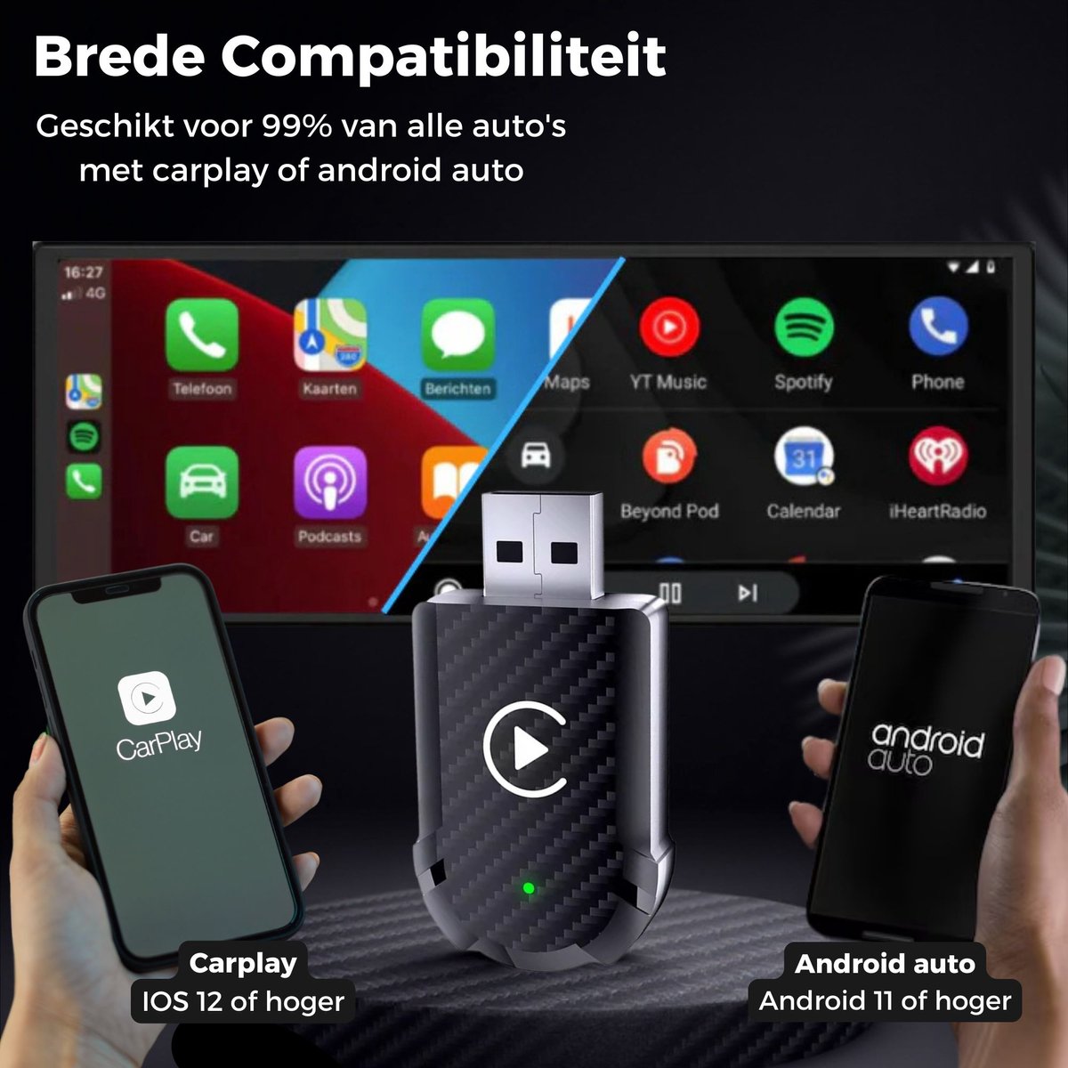 Nextora 2-in-1 CarPlay en Android Auto Dongle draadloos USB-C/A snelle verbinding voor auto, zwart - Afbeelding 3